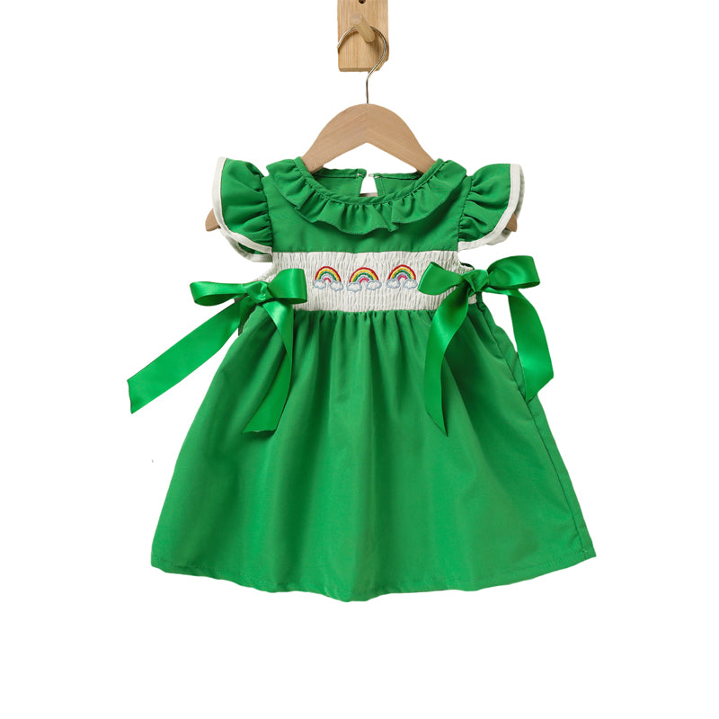 Toddler Girl's Ruffle Sleeve Dress Rainbow Embroidery & Bow Detail With Back Button Closure