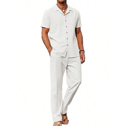 American-style Vintage Short-sleeve Shirt And Casual Trousers Two-piece Set