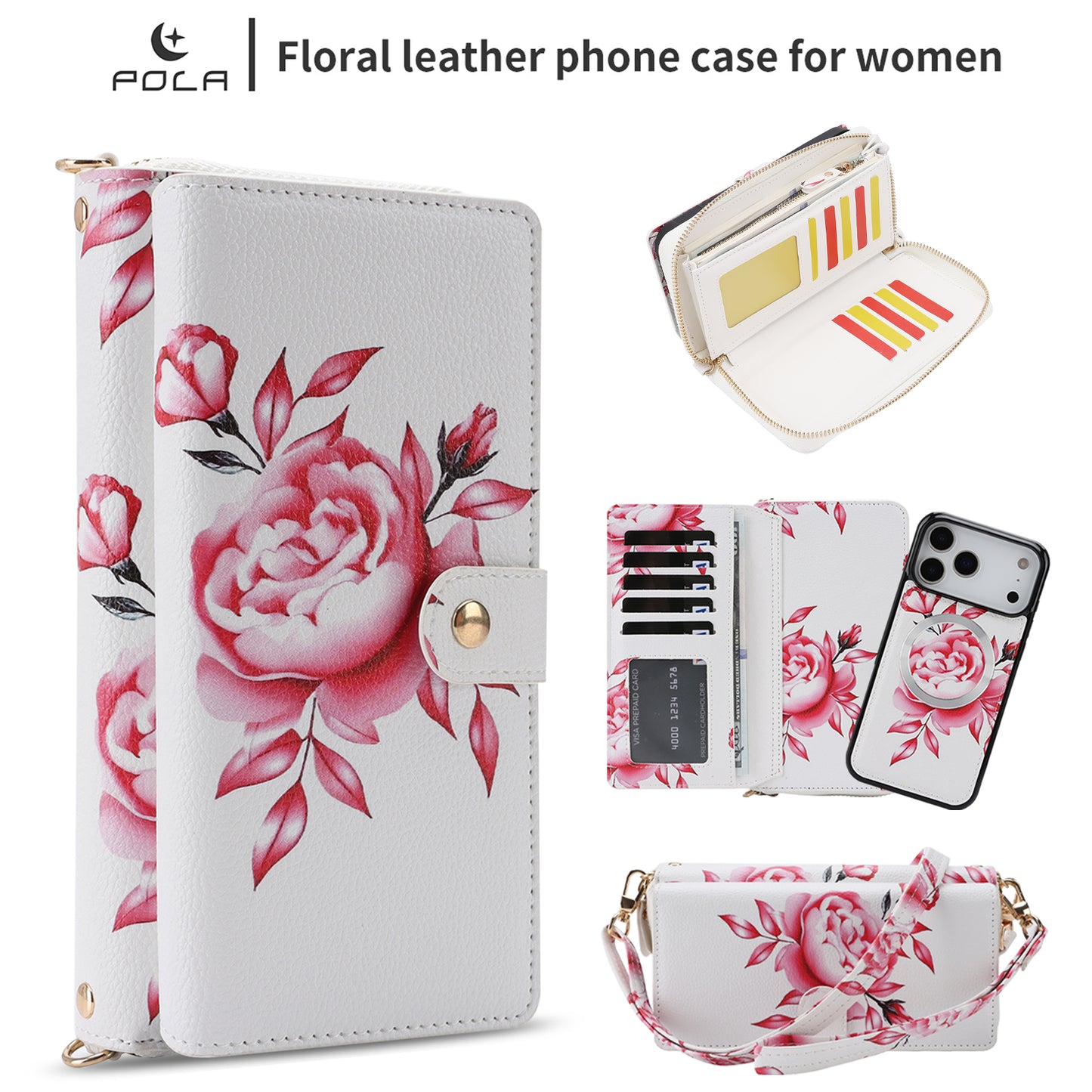 Crossbody Wallet Case For Phone 17 Pro Max 6.9 Inch Magnetic Detachable Floral PU Leather Phone Case With RFID Blocking Card Holder Wristlet Mirror Flip Zipper Shoulder Purse For Women