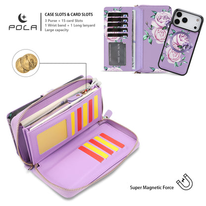 Crossbody Wallet Case For Phone 17 Pro Max 6.9 Inch Magnetic Detachable Floral PU Leather Phone Case With RFID Blocking Card Holder Wristlet Mirror Flip Zipper Shoulder Purse For Women
