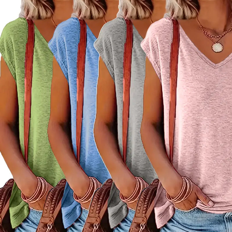 4Pack Women's V-Neck Short Sleeve T-Shirts - Summer Casual Solid Color Tops