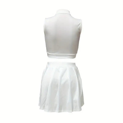 Women's 2 Piece Outfits Skirt Sets Summer Sleeveless Crop Top Pleated Short Mini Skirt