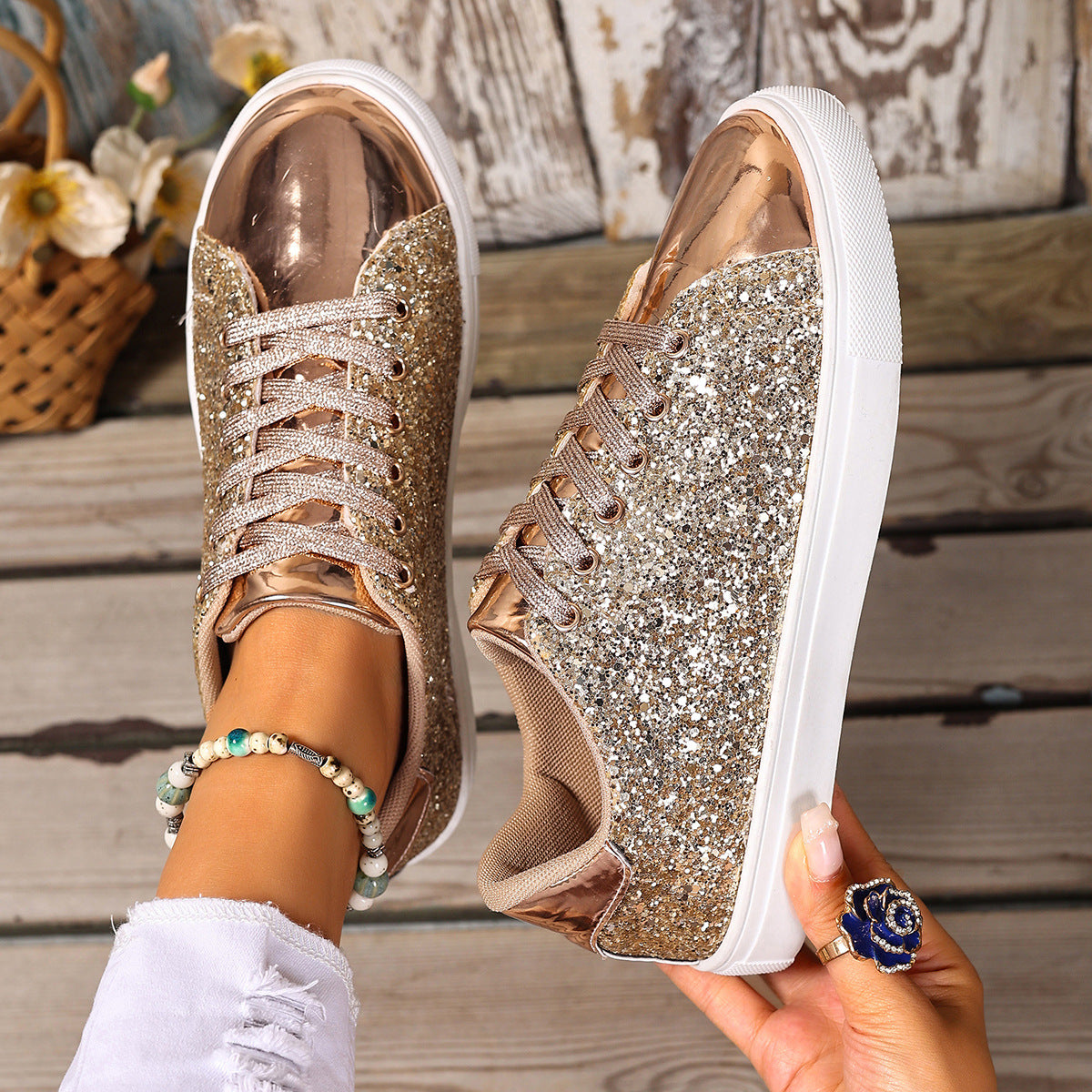 Plus Size Sequined Front Lace-up Solid Color Plus Size Board Shoes