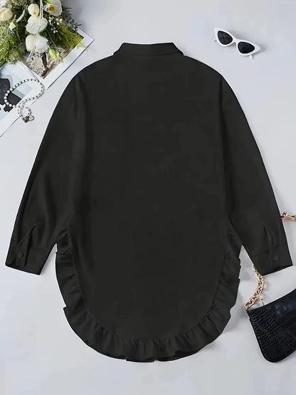 Women's Plus Size Casual Shirt With Ruffle Hem, Solid Color, Woven Polyester, Non-Stretch, Pointed Collar, Button Front, For All Seasons