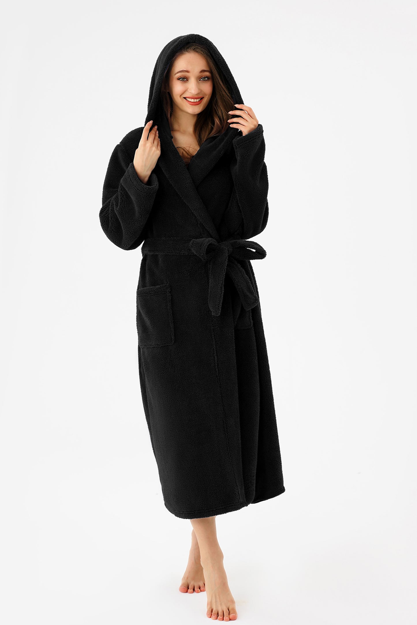 RONGTAI Womens Hooded Robe Long Plush Fleece Bathrobe With Pockets Nightwear S-XXL