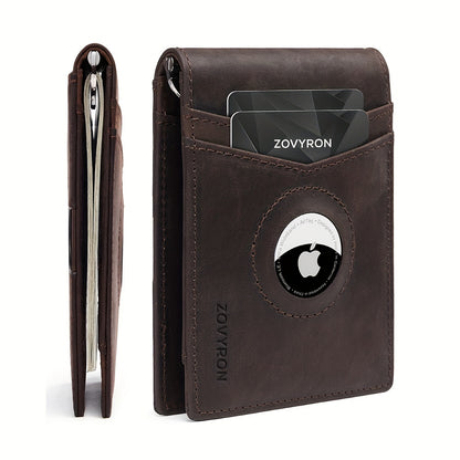 Mens Wallet Genuine Leather Slim Bifold Wallet With Airtag Holder, RFID Blocking, Front Pocket Wallet With Money Clip,ID Window Credit Card Holder