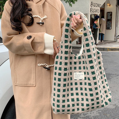 Waffle Flannel Bag Tote Bag Large Capacity Commute Minimalist Student Class Bag