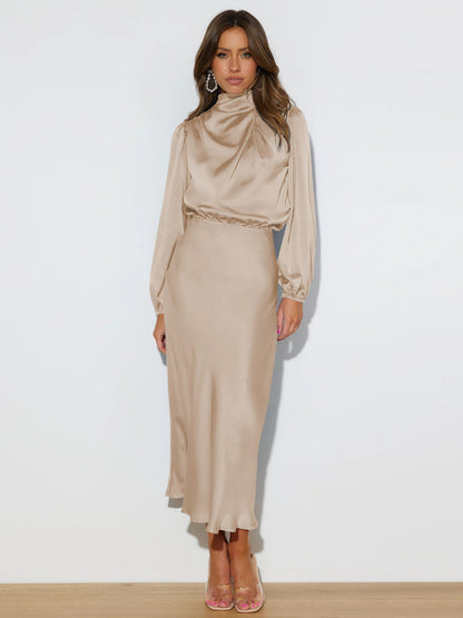 Elegant Temperament Long-sleeved Dress Satin Halterneck Formal Evening Dresses Women Clothing