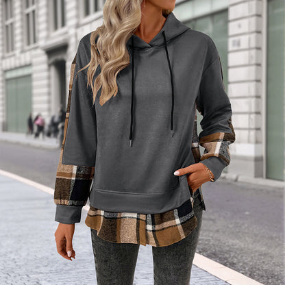 European And American Long Sleeve Plaid Colorblock Hooded Velvet Padded Sweater
