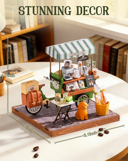 Rolife Coffee Cart Mini DIY Kit, 290-piece 3D Wooden Dollhouse Model, European Street Style, No Glue Required, Desktop Decoration And Handmade Gift For Adults