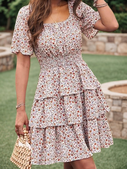 Women’s New Floral Summer Short Dress Square Neck Short Sleeve Layered Folded Bohemian Pendant Skirt