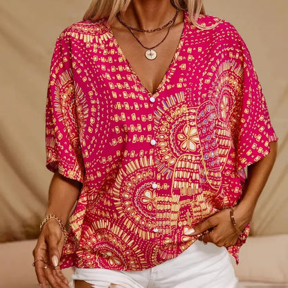 Women's V-Neck Mandala Print Blouse Short Batwing Sleeve Casual Vacation Top