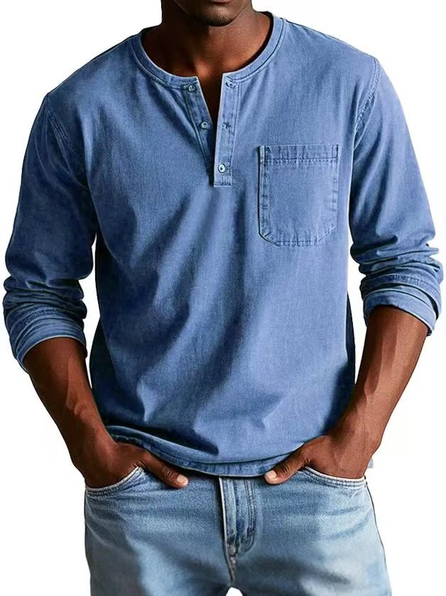 V-neck Long-sleeved T-shirt With Button Design Fashion Casual Solid Color Pullover Top Men's Clothing