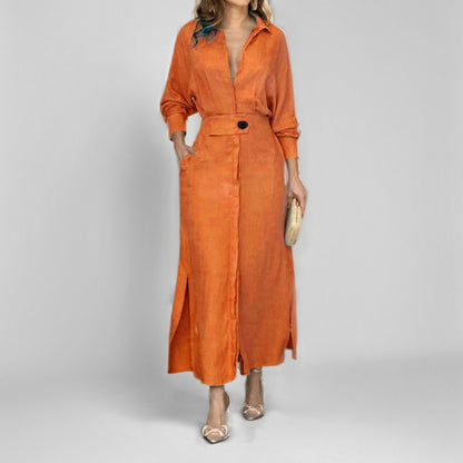 Women's Elegant Tied Solid Color Waisted Long-sleeved Shirt Dress