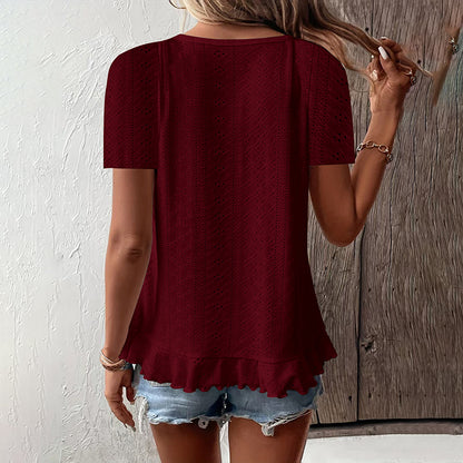 Women's Ruffle Hem Short Sleeve T-Shirt Casual Summer Crew Neck Blouses Top