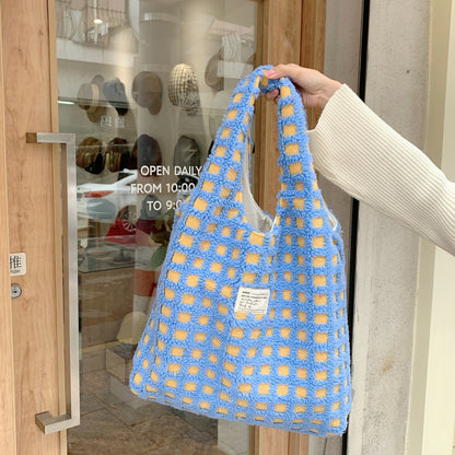 Waffle Flannel Bag Tote Bag Large Capacity Commute Minimalist Student Class Bag