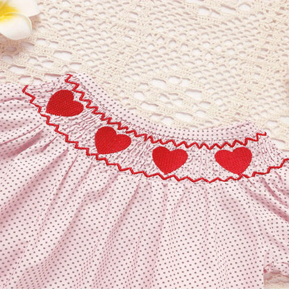 Baby Girl's Short Sleeve Pink Romper, Polka Dot Pattern With Heart Embroidery And Ruffle Detail