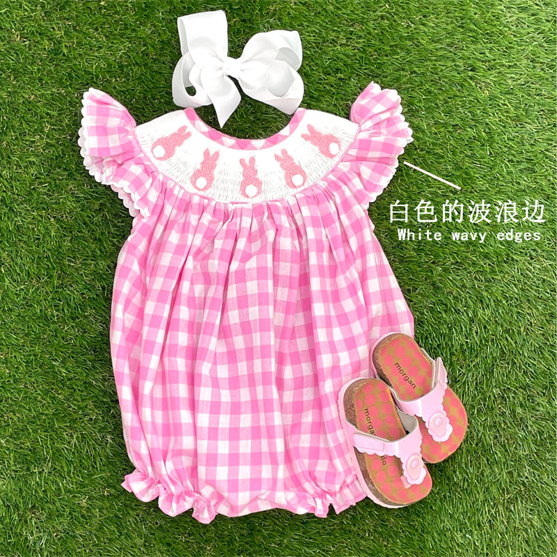 Baby Girl's Cute Bunny Romper Set, Cap Sleeve Bunny Embroidery Outfit With Headband - Pink Checkered Playsuit