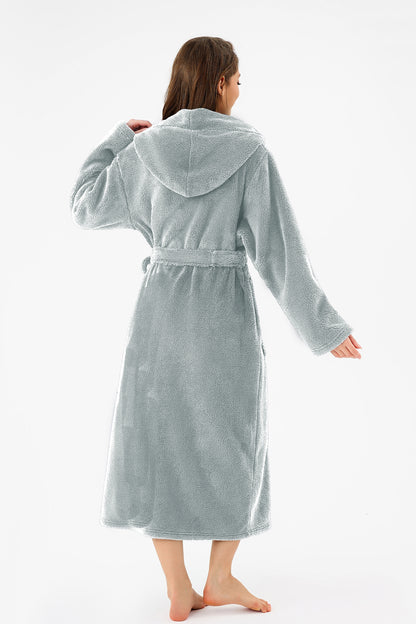 RONGTAI Womens Hooded Robe Long Plush Fleece Bathrobe With Pockets Nightwear S-XXL