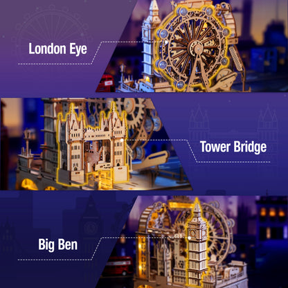 ROKR 3D Wooden Puzzle Marble Track - London City Model With LED Lights, 431-Piece Mechanical Building Set, Perfect For DIY Educational Engineering Art Gifts For Adults And Teens