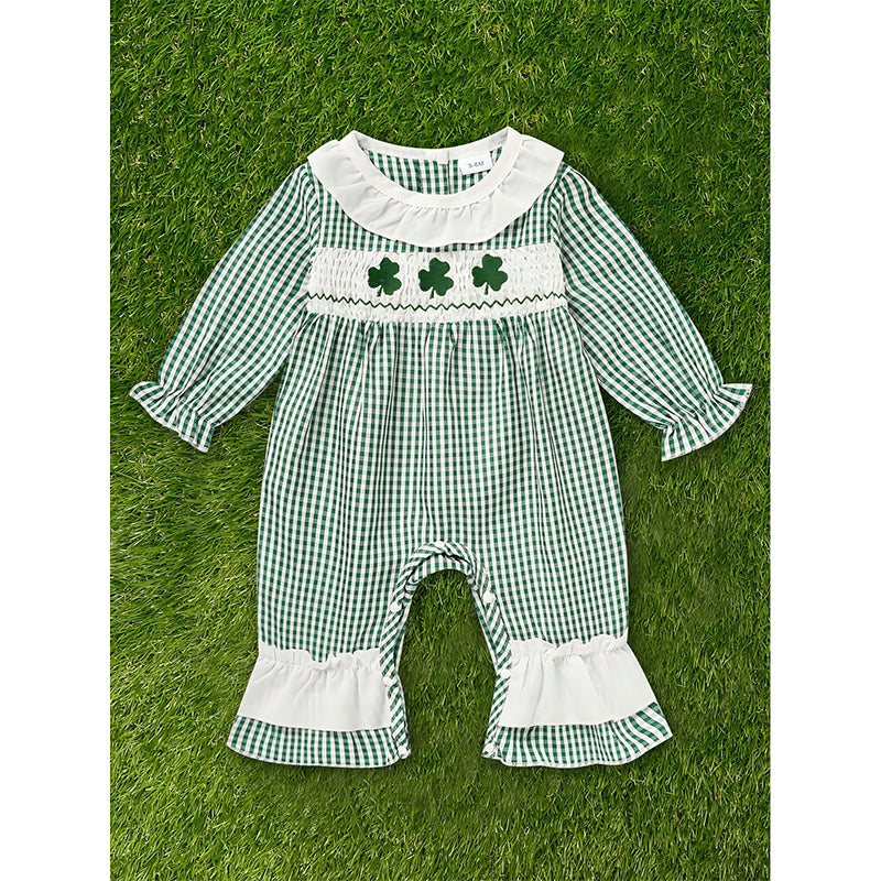 Ewborn Baby Girls Green Plaid Four-leaf Clover Allover Print One-piece Long Sleeve Bodysuit