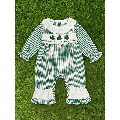 Ewborn Baby Girls Green Plaid Four-leaf Clover Allover Print One-piece Long Sleeve Bodysuit
