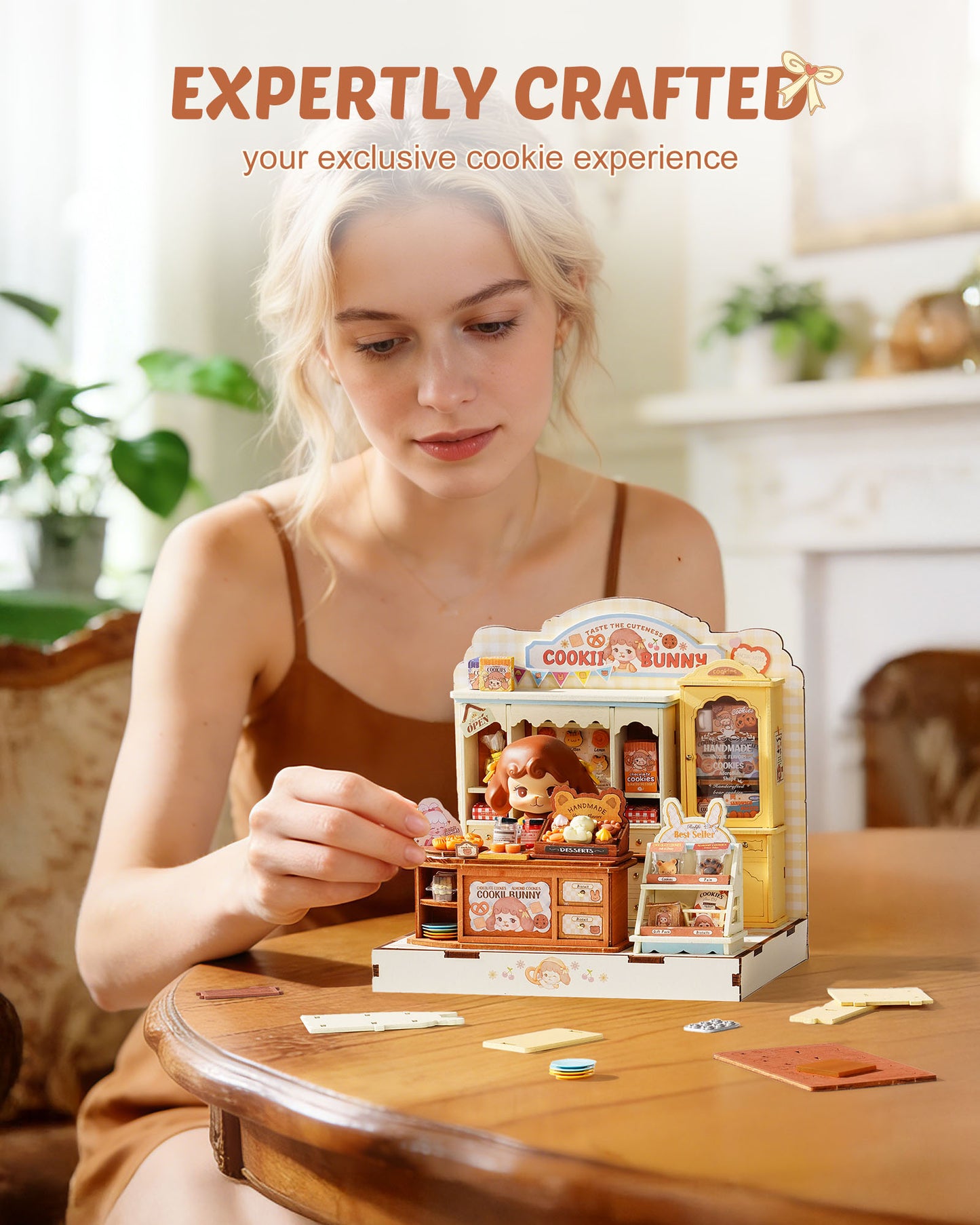 Rolife Cookii Rabbit's Biscuit Shop Mini DIY House Kit, 182-Piece Wooden Bakery Dollhouse, No Glue Required, Home Decor For Adults And Teens, Adorable Gift For Women