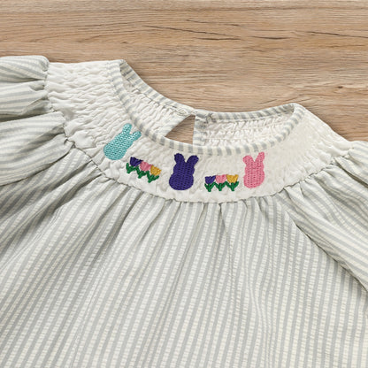 Toddler Girl's Cute Dress, Bunny & Floral Embroidery Checkered A-Line Dress With Lace Trim