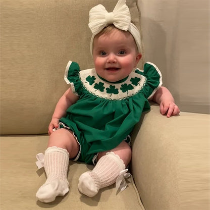 Baby Short Sleeve Romper With Clover Embroidery, Ruffle Trim Playsuit For Summer Vacation
