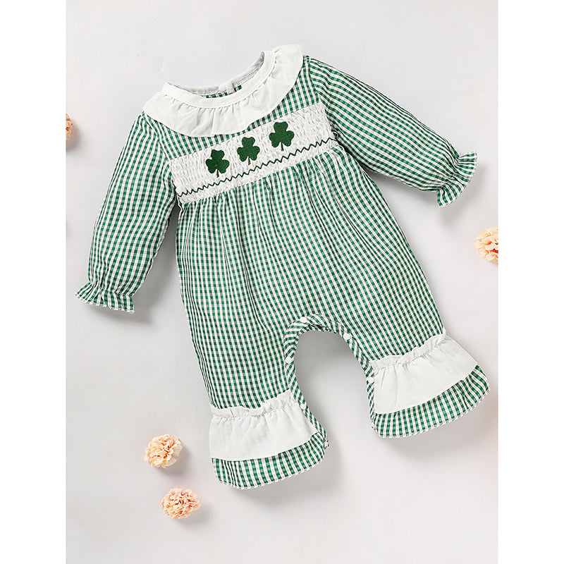 Ewborn Baby Girls Green Plaid Four-leaf Clover Allover Print One-piece Long Sleeve Bodysuit