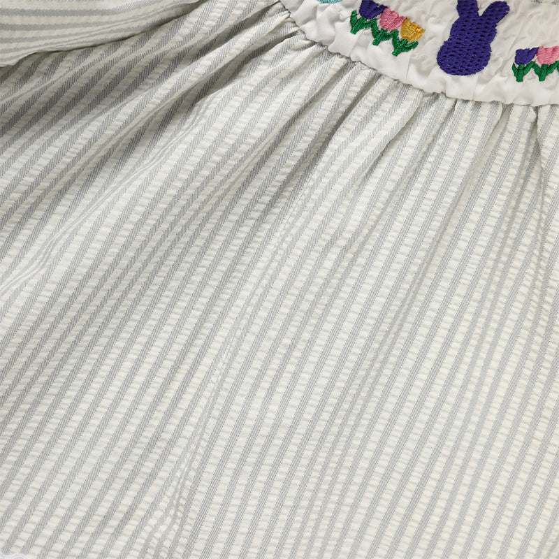 Toddler Girl's Cute Dress, Bunny & Floral Embroidery Checkered A-Line Dress With Lace Trim