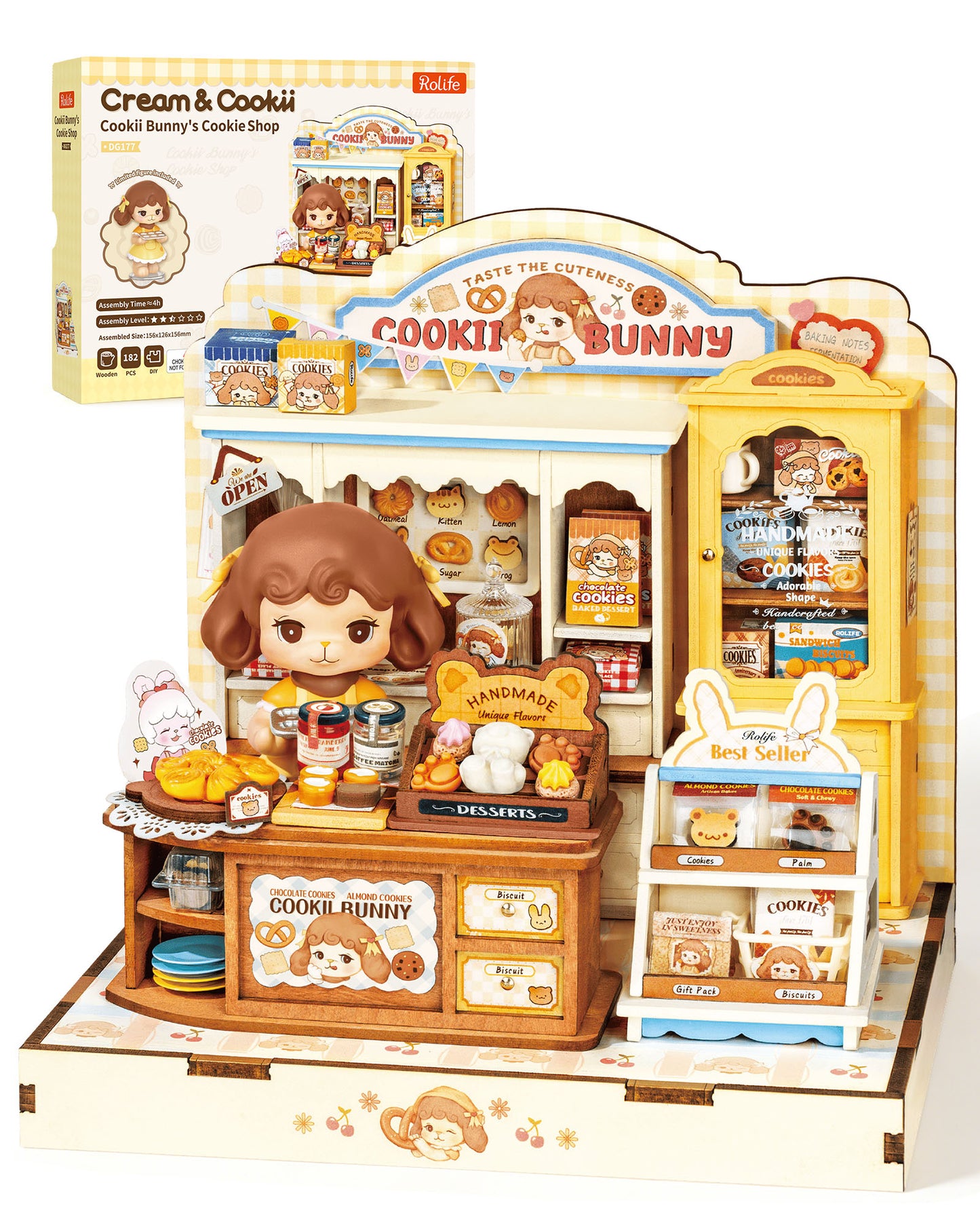 Rolife Cookii Rabbit's Biscuit Shop Mini DIY House Kit, 182-Piece Wooden Bakery Dollhouse, No Glue Required, Home Decor For Adults And Teens, Adorable Gift For Women