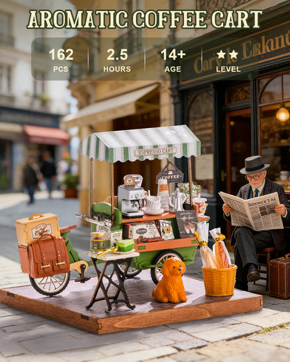 Rolife Coffee Cart Mini DIY Kit, 290-piece 3D Wooden Dollhouse Model, European Street Style, No Glue Required, Desktop Decoration And Handmade Gift For Adults