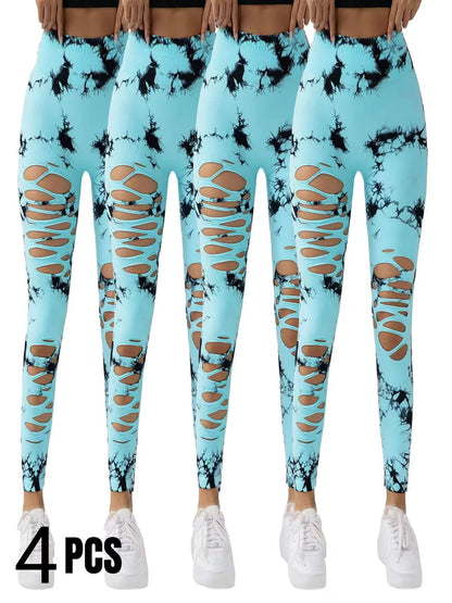 4 Pack New Style Hollow-Out Tie-Dye High-Waisted Tummy-Control Yoga Pants