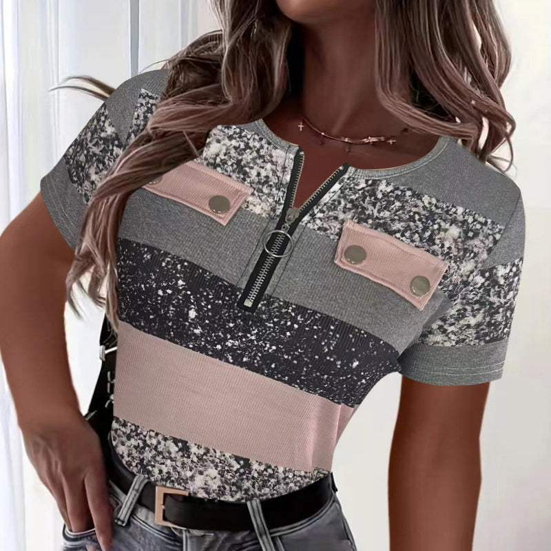 Women's Color Block Zipper T-Shirt, Casual Short Sleeve Summer Top