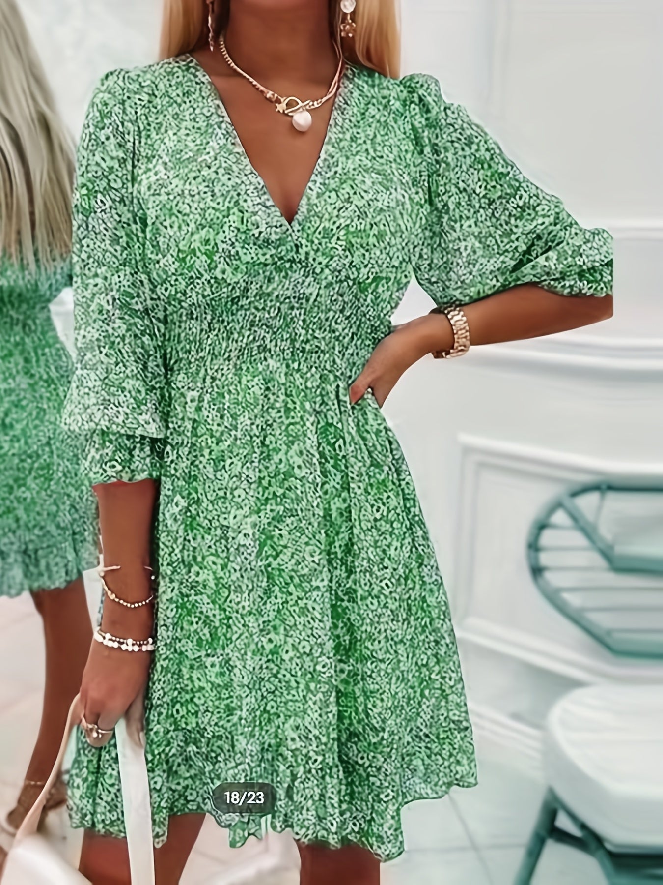 V-neck Printed Dress With Ruffled Sleeves And Waist-exquisite And Elegant Design For Women-perfect For Women's Wear In Spring And Autumn.