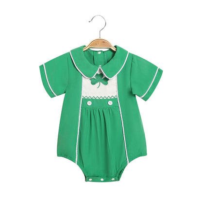 Baby Green Lapel Short Sleeve Romper Clover Print Button Detail Playsuit With Snap Closure