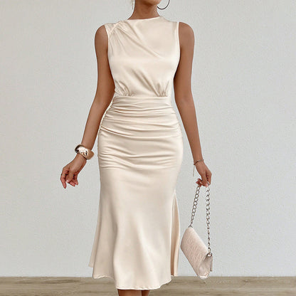Women's Summer Sleeveless Tank Dress Crew Neck Slim Fit Ruched Bodycon Dress Casual Party Club Dress