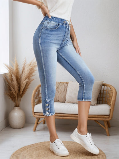 New Women Chic Chic Denim Shorts, Drawstring Closed And Split Button Hem, Comfortable Fabric, Suitable For All Kinds Of Wear, Spring And Summer Women’s Wear