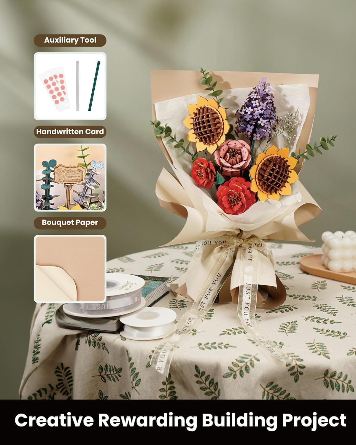 ROBOTIME Flowers 3D Wooden Puzzle Model Kits For Adults To Build, Artificial Flowers For Decoration, Home Decor Accessories Living Room, Gifts For Women On Valentine's Day, Flower Bouquet TW01H