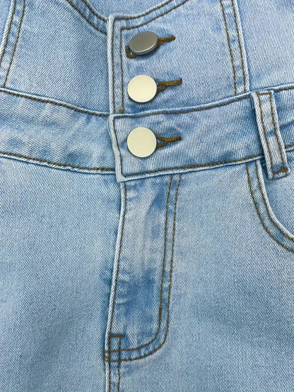 High Waisted Button Slim Fit Ripped Jeans - Made Of Light Blue Old Denim Fabric With Built-in Zipper, Elastic And Breathable, Street Style Jeans, High Waisted Jeans