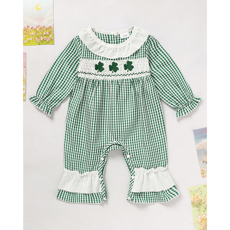 Ewborn Baby Girls Green Plaid Four-leaf Clover Allover Print One-piece Long Sleeve Bodysuit